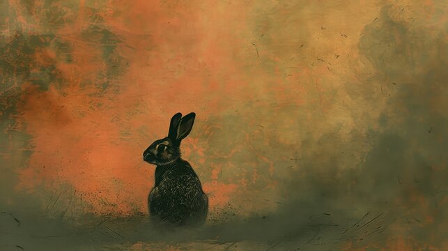   A rabbit depicted against an orange and yellow backdrop, framed by a black silhouette of its form