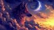   A cloud tableau portrays a lupine form, the wolf imaged aloft, encircled by a halo of mellow lunar glow The grand celest