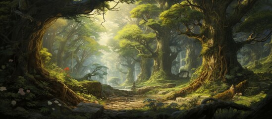 Wall Mural - In the lush painting, a winding path cuts through the dense forest filled with towering trees and vibrant foliage, inviting viewers to explore nature's beauty