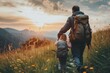 Man and child walking into sunset across meadow, golden light warms the scene, steps in nature's tranquility. Adult and young girl stride toward dusk's glow, field around them bathed in evening