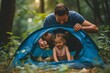 Man peeks in blue tent at laughing girl, forest setting, camping delight, golden light filters through trees. Father and daughter inside azure shelter, giggles echo, joyous tent tales amidst nature.