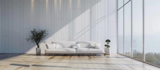 Canvas Print - A white sofa in a spacious room with a scenic view