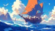 A ship sailing on the ocean in the style of fantasy art. 