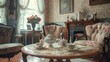Victorian london parlor with detailed furniture, elegant china, lace curtains, natural light
