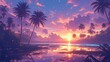 A vibrant sunset over the palm trees on an exotic beach, casting warm hues across the sky and reflecting in crystal clear waters.