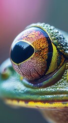 Close-up of a frog's eye reflecting a blossoming spring meadow, a sense of wonder