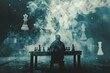 Solitary figure at a table, pondering, with ethereal chess pieces overhead symbolizing complex social interactions, tense mood