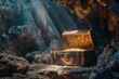 Sunbeam spotlighting an open treasure chest in a secret cave, jewels glinting inside