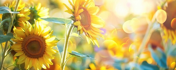 Beautiful sunflower in the field on blurred background with copy space, summer concept