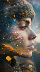 Wall Mural - An abstract representation of human form with cosmic patterns, representing the intersection of humanity and the infinite universe