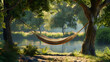A hammock strung between two trees, swaying gently in the breeze