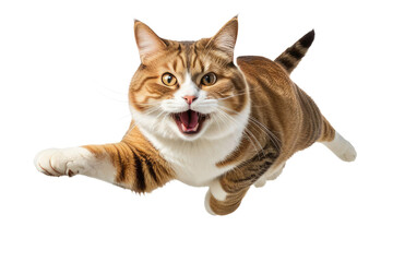Wall Mural - Fat happy cat captured mid-air jump against an isolated white background, demonstrating contentment, high-resolution stock photo, sharp focus on fur texture, whiskers, expressive eyes