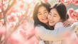 Happy asian mother and adult daughter hugging each other outdoor during spring time - Mother's day and family love concept - Model by AI generative