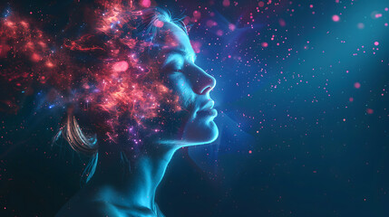 a woman head with the universe inside her, space nebulae, dark blue background, pink and red lights,