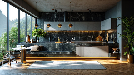 Wall Mural - A modern and luxury kitchen with a large island and a potted plant