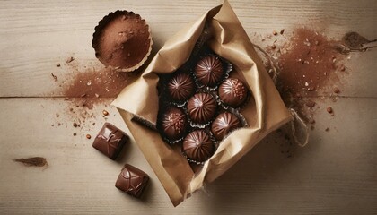 Sticker - Chocolates (bonbons) in a bag on a wooden table.
