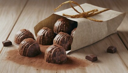 Sticker - Chocolates (bonbons) in a bag on a wooden table.
