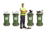 Fototapeta Panele - Cleaner in a uniform holding a broom in front of recycling bins