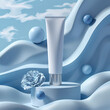 A 3D render of a blank cosmetic tube on a wavy blue background with spheres and a flower.