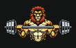 Lion fitness or gym template, Lion lifting barbell illustration. Lion mascot character