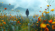A lone figure walking through a field of wildflowers