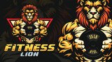 Fototapeta Pokój dzieciecy - Fitness lion vector logo design template, gym logo template, fitness center mascot character