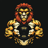 Fototapeta  - Fitness lion vector illustration, gym mascot character, lion holding weight plate