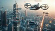 © kitidach - Urban air mobility concept, showing the use of flying cars and drones for personal and cargo transport low texture