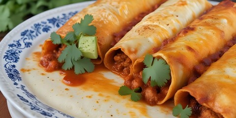 Wall Mural - Pancakes stuffed with minced meat, tomato sauce and cilantro