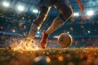 Soccer player in a fiery field at the football stadium. Generative AI