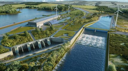 renewable energy park, highlighting wind, solar, and hydro power sources in a sustainable energy fut