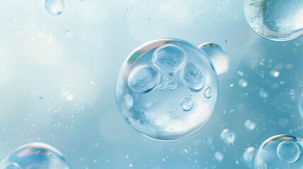 transparent cells floating on a light blue background, surrounded by small cells and bubbles