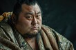 Portrait of a sumo wrestler athlete in a traditional Japanese kimono on a black background