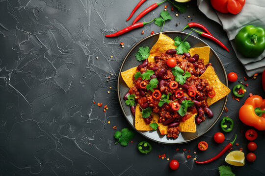 nachos with chilli con carne, mexican meal with guacamole, jalapenos and tomato salsa (4)