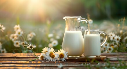 Poster - A glass of milk and a pitcher in a field of flowers