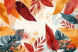 Colorful pattern with autumn leaves and paint splatters on light background.