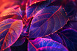 Neon leaves with glowing edges and detailed veins, vibrant nature background.