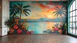 An empty room with a wall featuring a vibrant mural depicting a tropical rainforest scene.