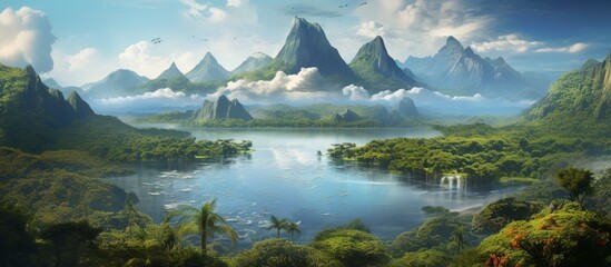 Wall Mural - A serene landscape featuring a majestic mountain range, a winding river, and a lush forest