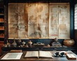 Confucian Scrolls Displayed in a Scholars Study The text blurs into paper