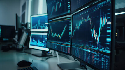 Wall Mural - An analytical view of real-time stock exchange data on a series of monitors at a professional trading desk