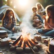 Kids with marshmallows sitting beside a campfire, summer camp concept