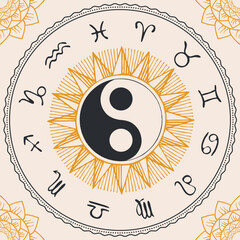 Poster - Vector circle of Zodiac signs with hand-drawn yin yang oriental symbol. Retro banner with horoscope symbols for astrological forecasts.