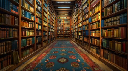Wall Mural - A long library with many bookshelves and a blue carpet. The carpet is in the middle of the room