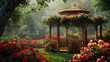 A peaceful gazebo nestled amidst a garden of roses