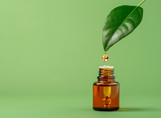 Wall Mural - Jar with oil on top of green leaf with drop on green background