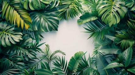 Wall Mural - White frame on a background of tropical green leaves with place for text, invitation or banner