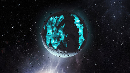 Wall Mural - 3d rendering- dying alien planet with blue magma in deep space cinematic view of dead planet,4k. 202