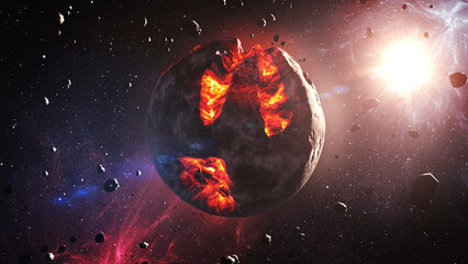 Wall Mural - 3d rendering- dying planet with hot magma in deep space cinematic view of dead planet,4k. 2024
