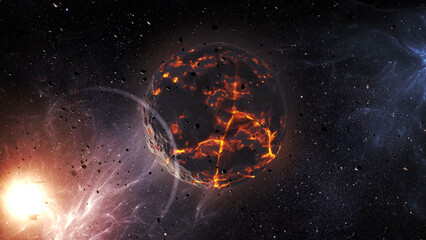 Wall Mural - 3d rendering- dying planet with asteroids in deep space cinematic view of dead planet
